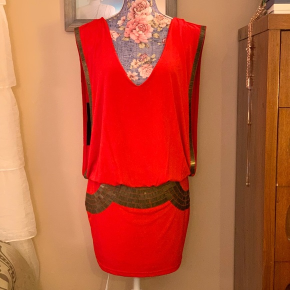 BEBE NWT PARTY DRESS BRIGHT ORANGE WITH GOLD DETAIL SIZE MEDIUM. - Picture 1 of 10